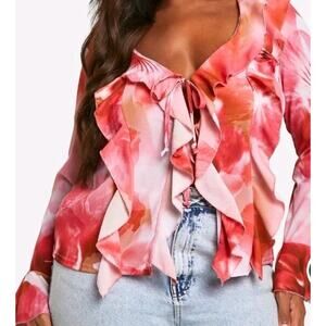 Boohoo Floral Tie Front Ruffle Blouse PLUS Size 14 Peasant BOHO COTTAGECORE